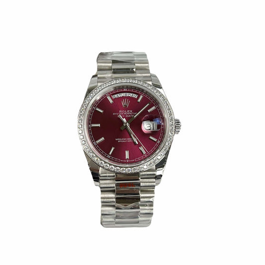 Rolex Day-Date 36 President Crimson Dial Diamond Bezel