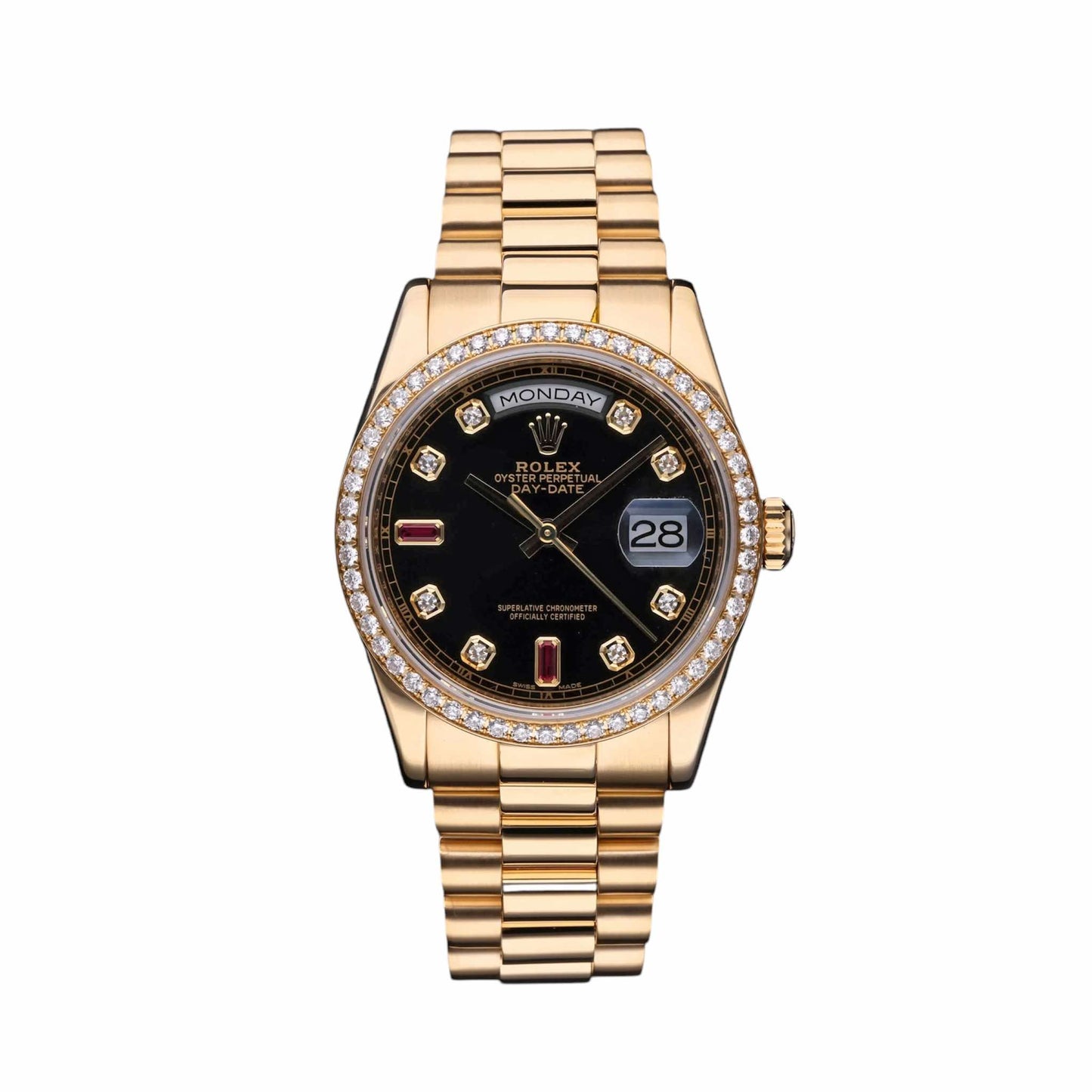 Rolex Day-Date 36 Yellow Gold BlackDial Diamond Bezel President Bracelet