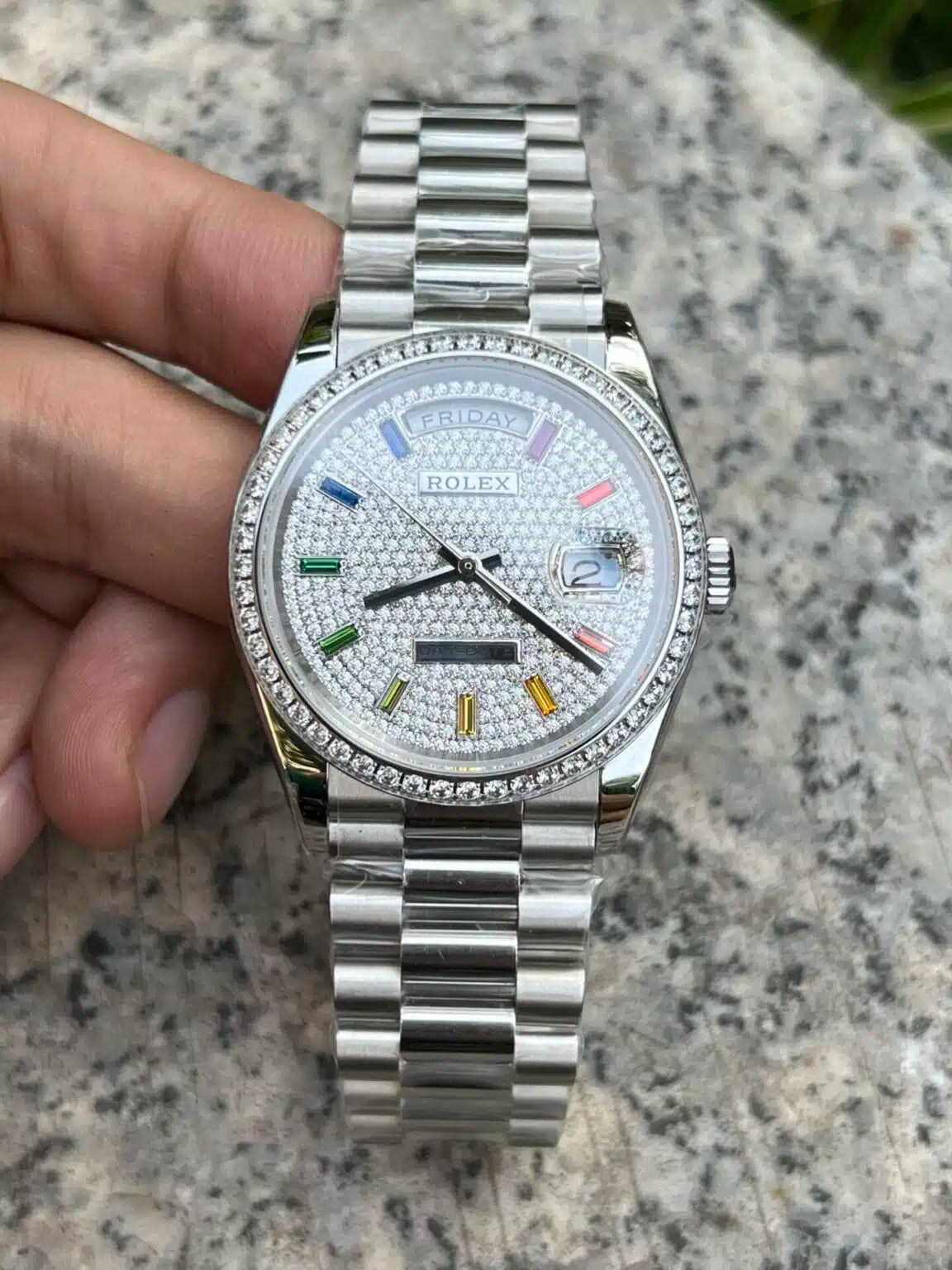 Rolex Day-Date 36mm White Gold Paved Rainbow