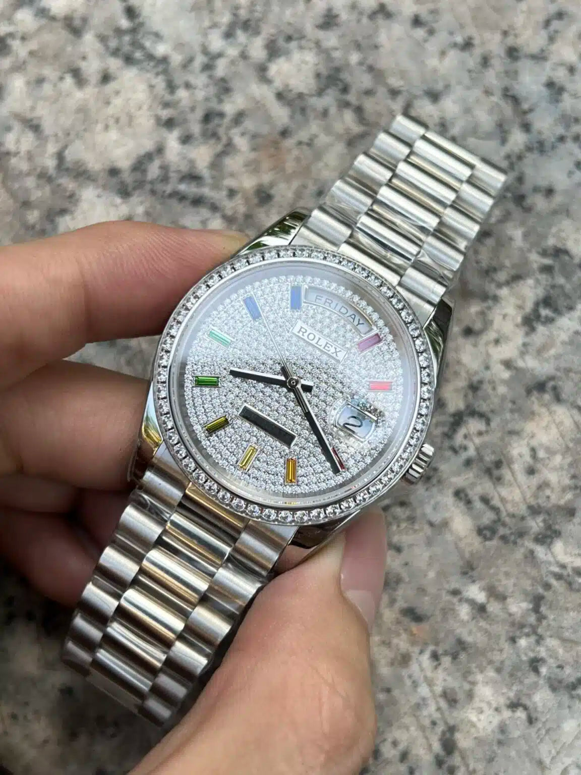 Rolex Day-Date 36mm White Gold Paved Rainbow