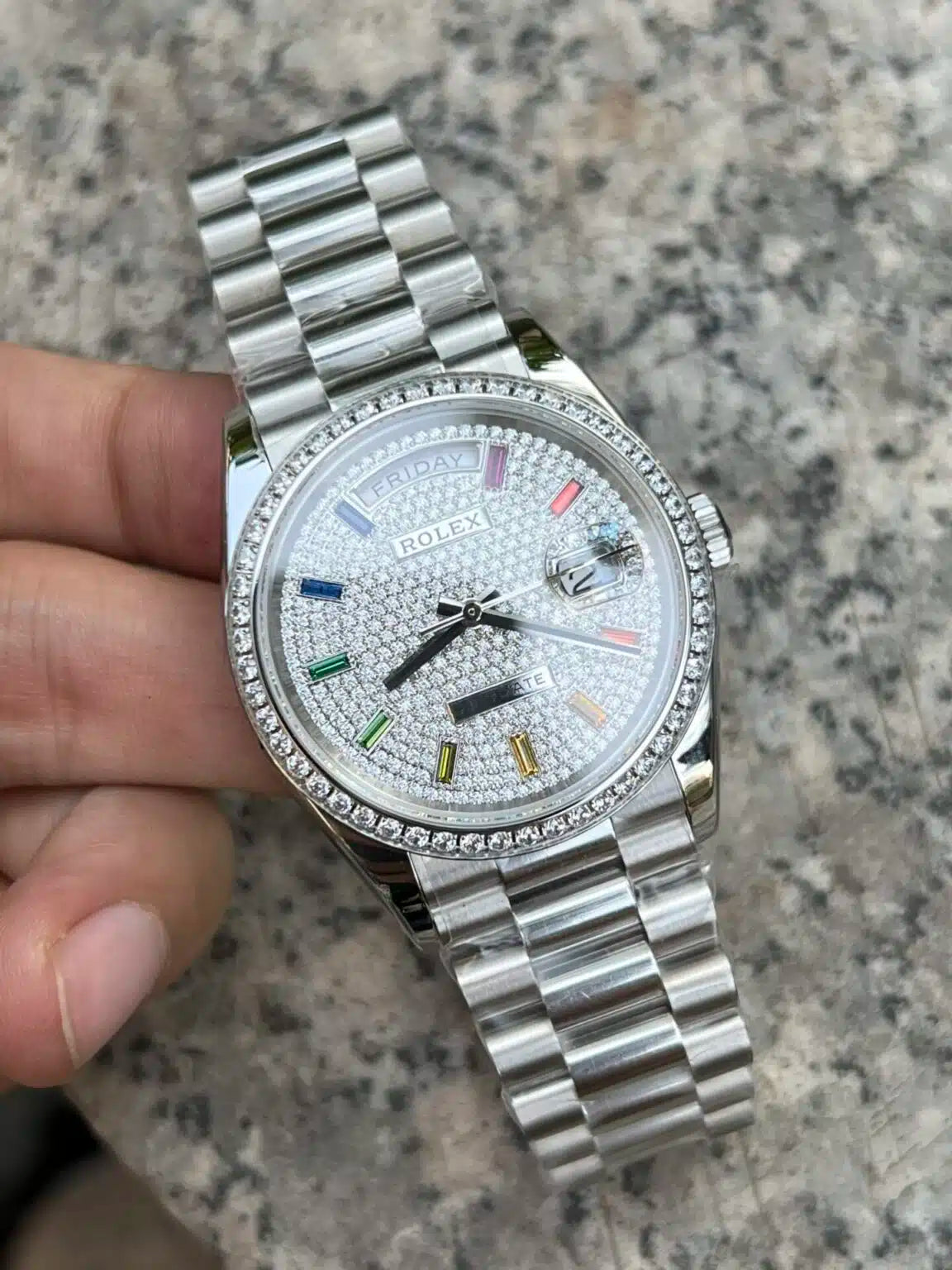 Rolex Day-Date 36mm White Gold Paved Rainbow