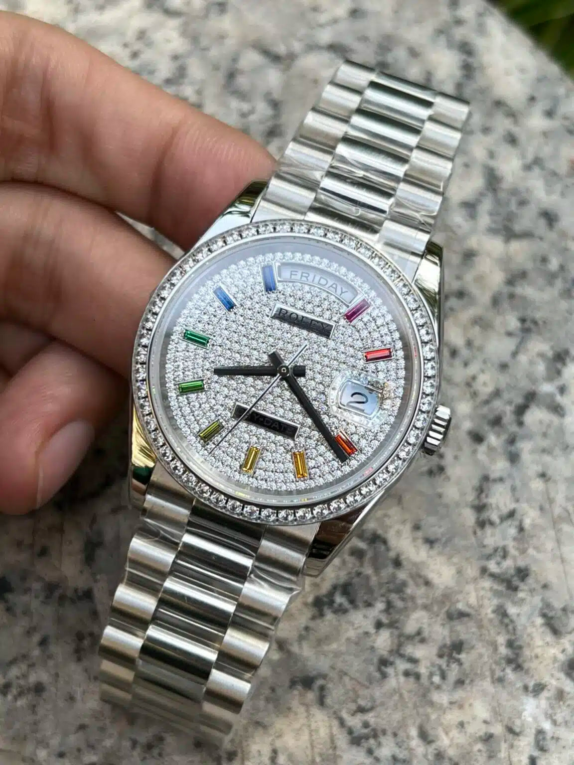 Rolex Day-Date 36mm White Gold Paved Rainbow