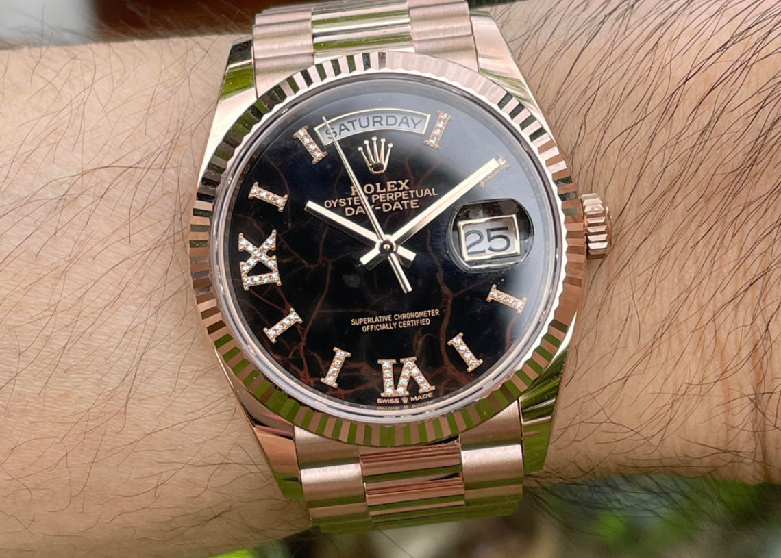 Rolex Day-Date 36 Everose Gold Eisenkiesel Roman Diamond Dial