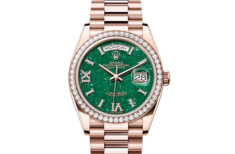 Rolex Day-Date 36 Everose Gold Aventurine Roman Diamond Dial Set With Diamonds bEZEL
