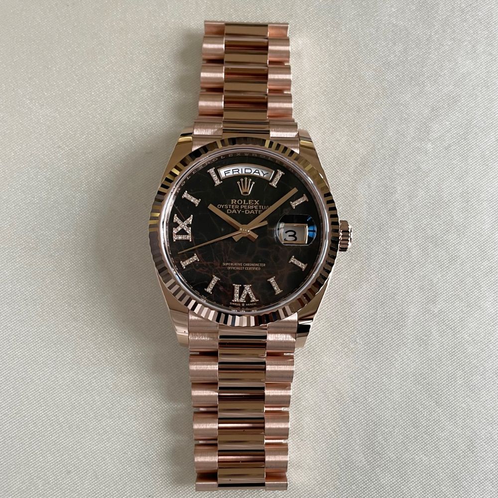 Rolex Day-Date 36 Everose Gold Eisenkiesel Roman Diamond Dial