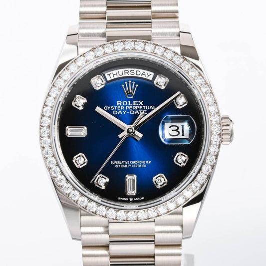 Rolex Day-Date 36 President White Gold Blue Baguette Dial Diamond Bezel