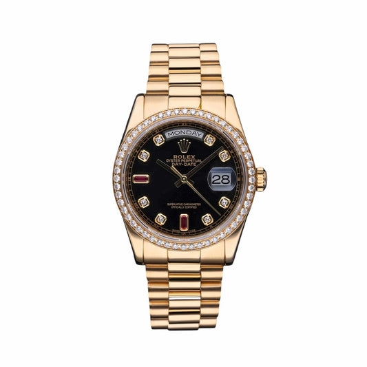 Rolex Day-Date 36 Yellow Gold BlackDial Diamond Bezel President Bracelet