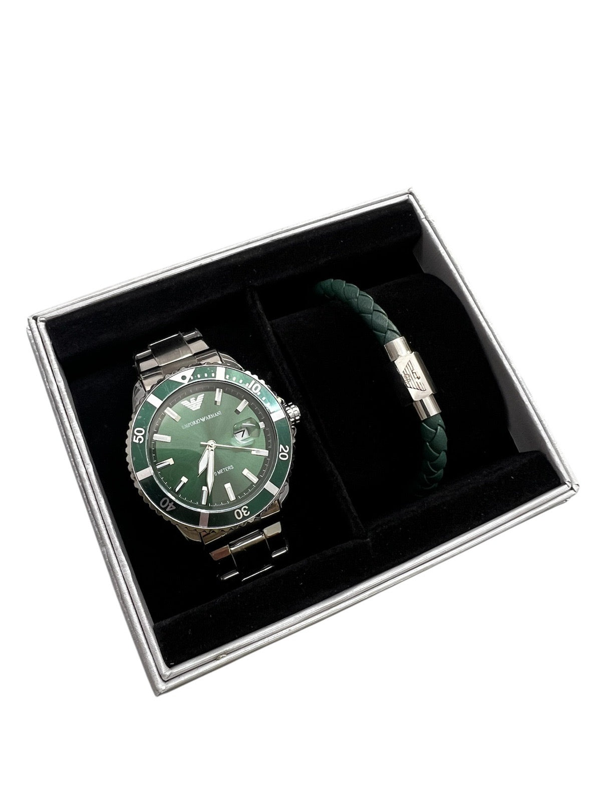 Armani 100 meter Steel Green  With Bracelet Set