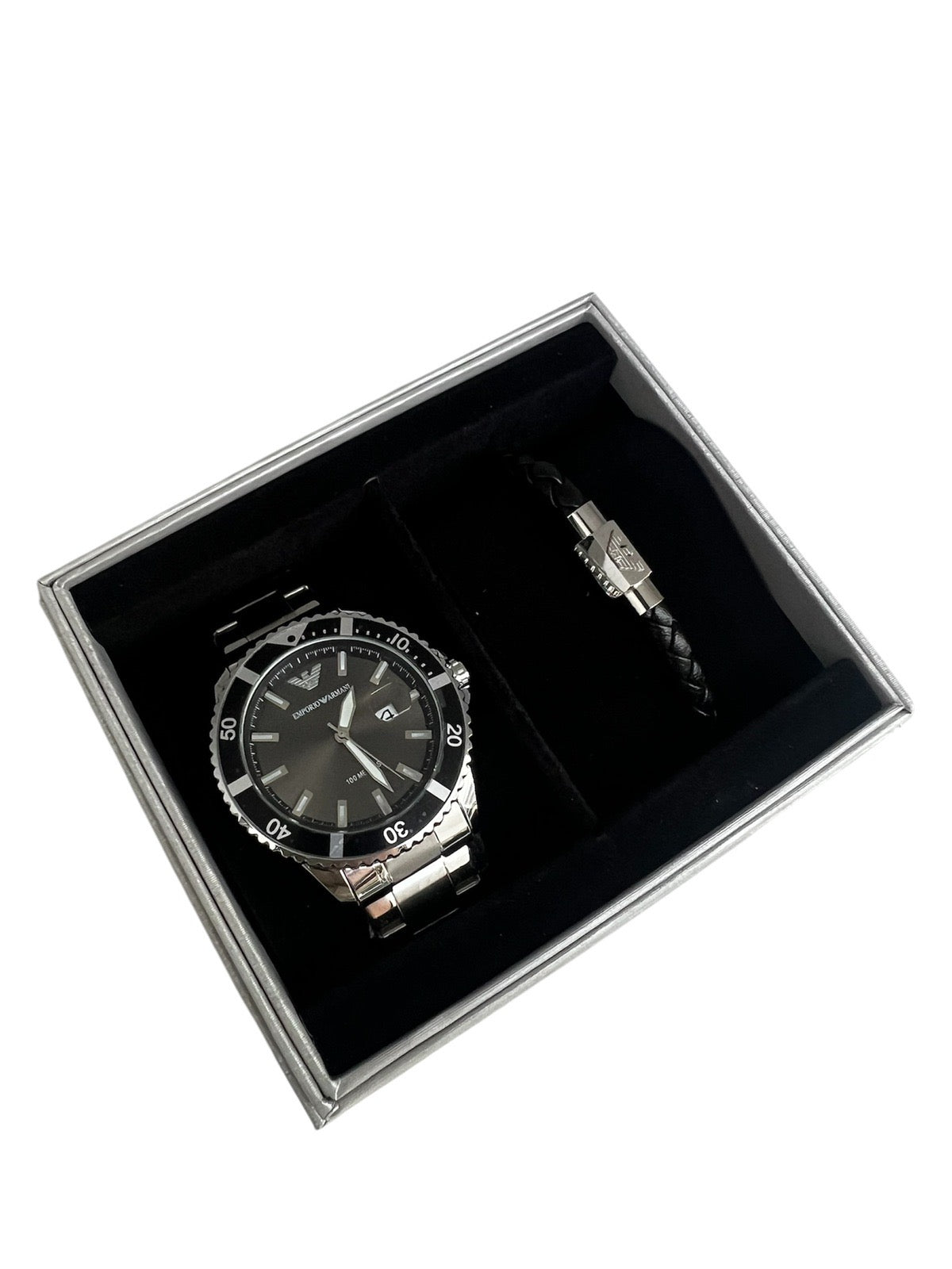 Armani 100 meter Steel Black  With Bracelet Set