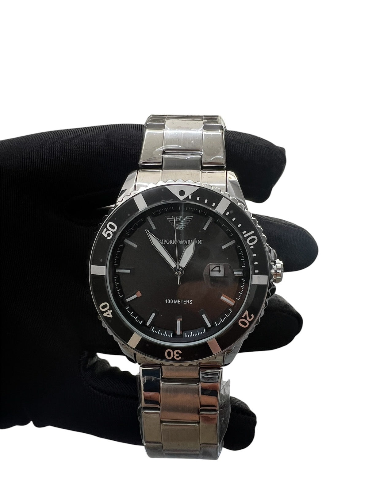 Armani 100 meter Steel Black  With Bracelet Set
