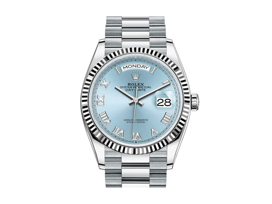 Rolex Day-Date 36mm President Platinum Watch Ice Blue Roman Dial